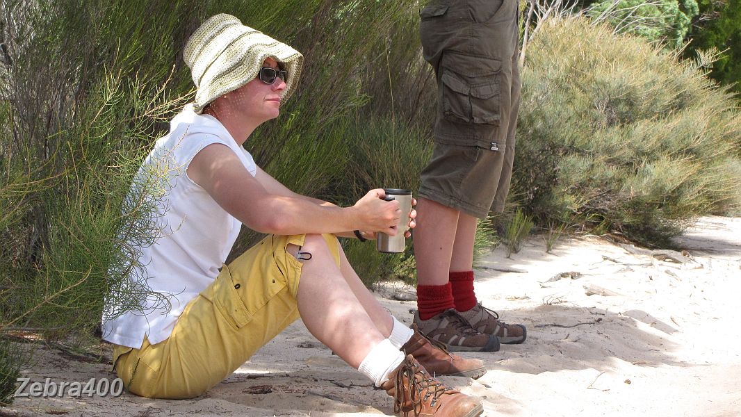 19-Karen enjoys a cuppa on the Border Track.JPG